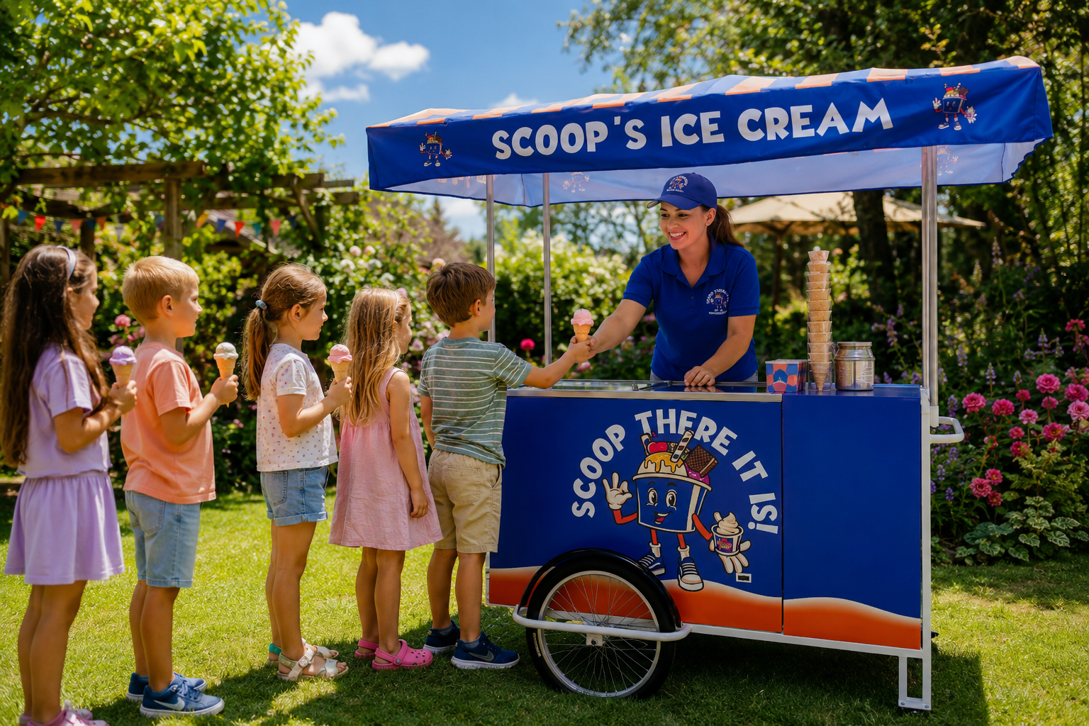 Scoop — our School's Out ice cream cart serving children at camp